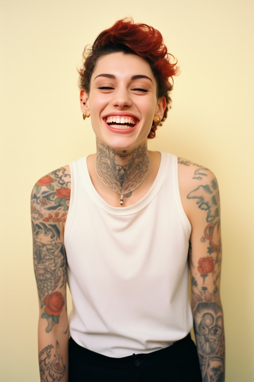 Mulher com cabelo vermelho e tatuagens nos braços e pescoço sorrindo.